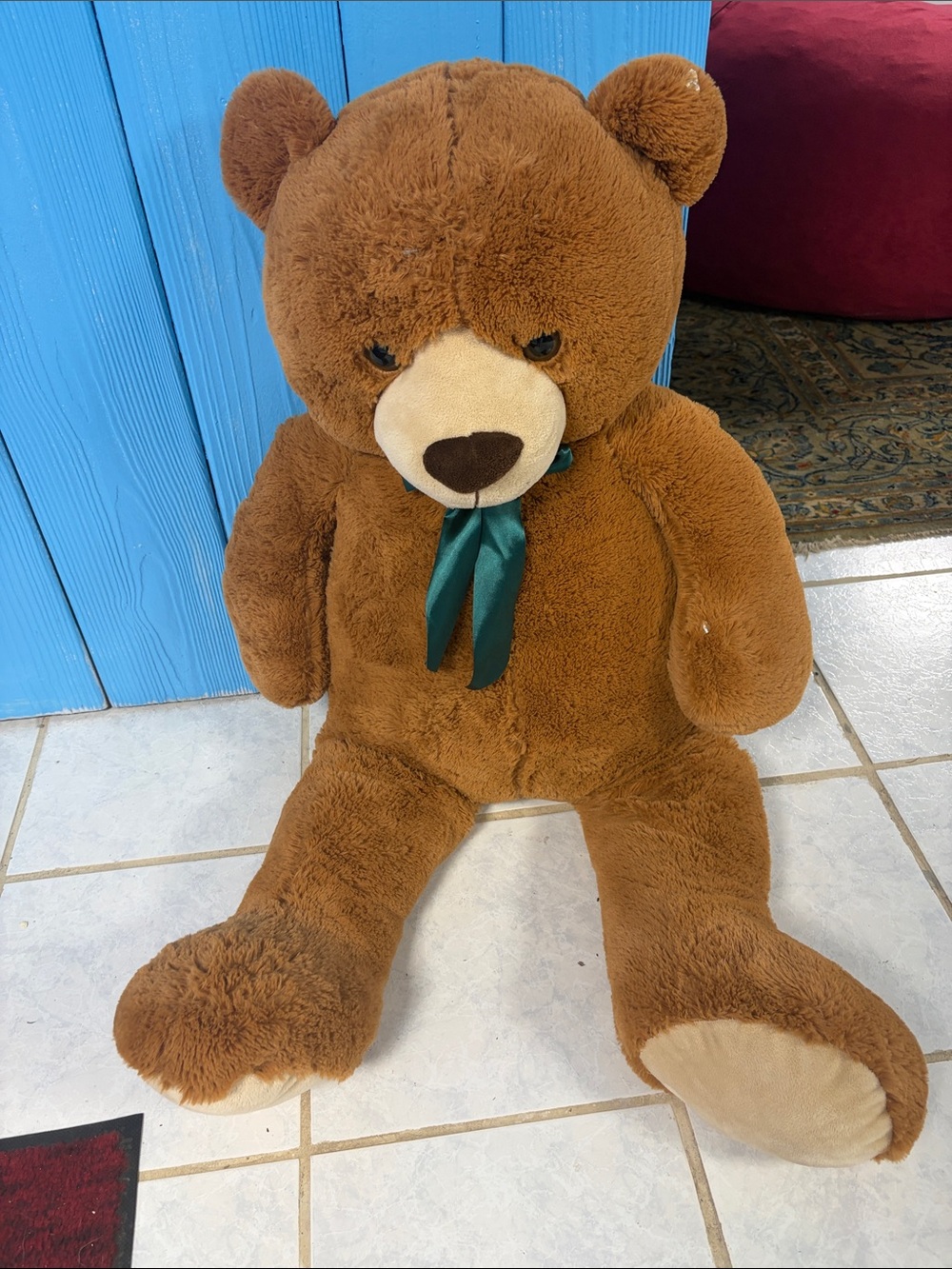 Plush Brown Teddy Bear with Green Ribbon - Soft Kids Toy 3ft